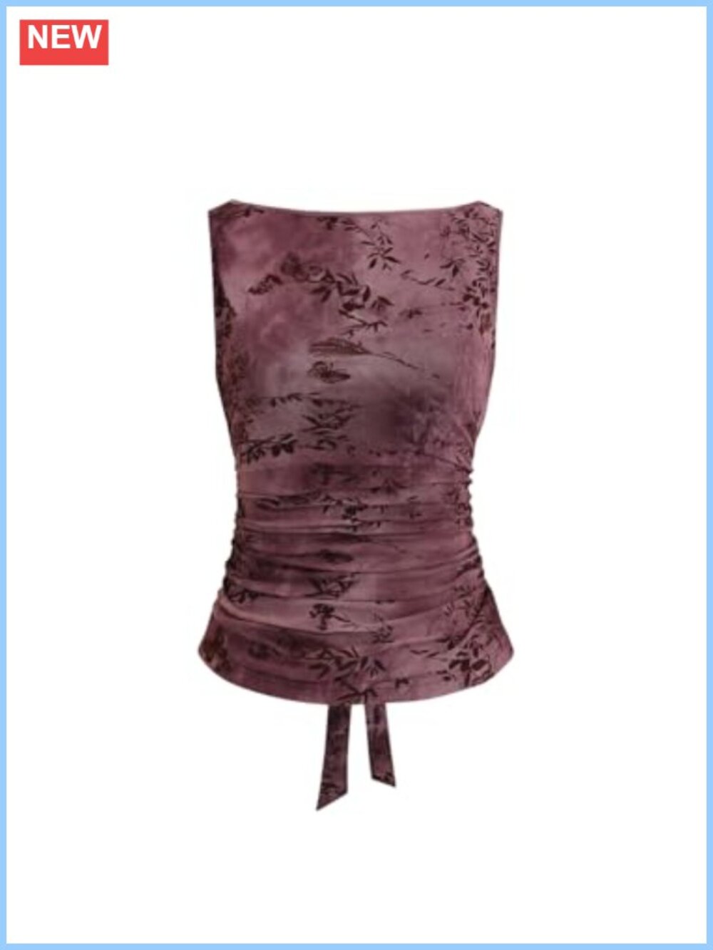Floral Mesh Tank Top Tie Back Boat Neck Sleeveless Ruched Slim Fit Summer